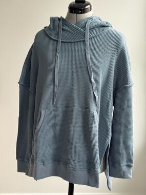 Waffle Knit Hoodie Blue Medium Unisex Pullover Cozy Oversized